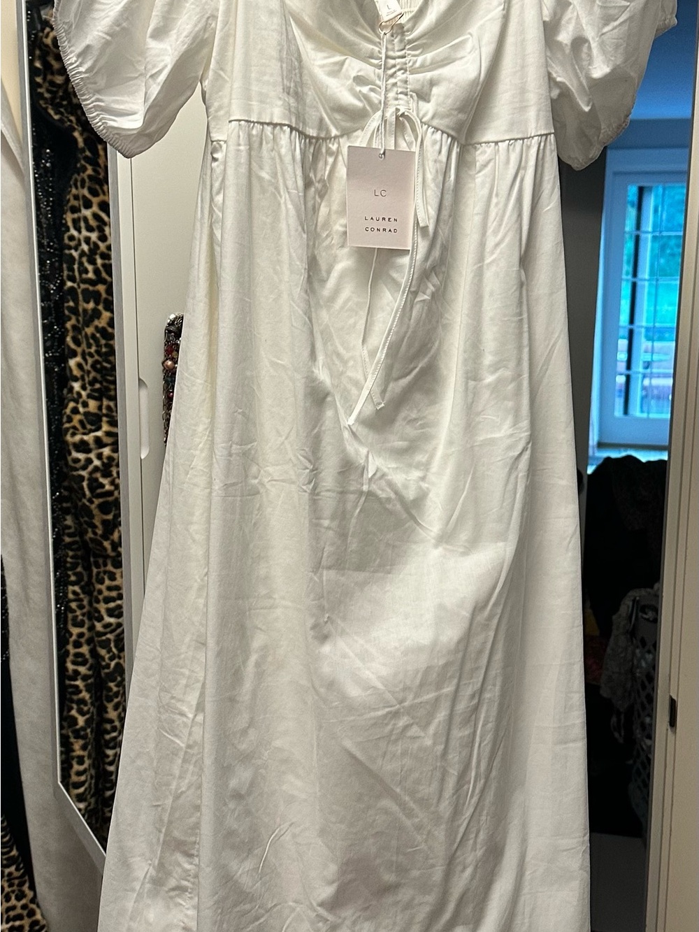 LC Lauren Conrad White Midi Dress with Puff Sleeves
